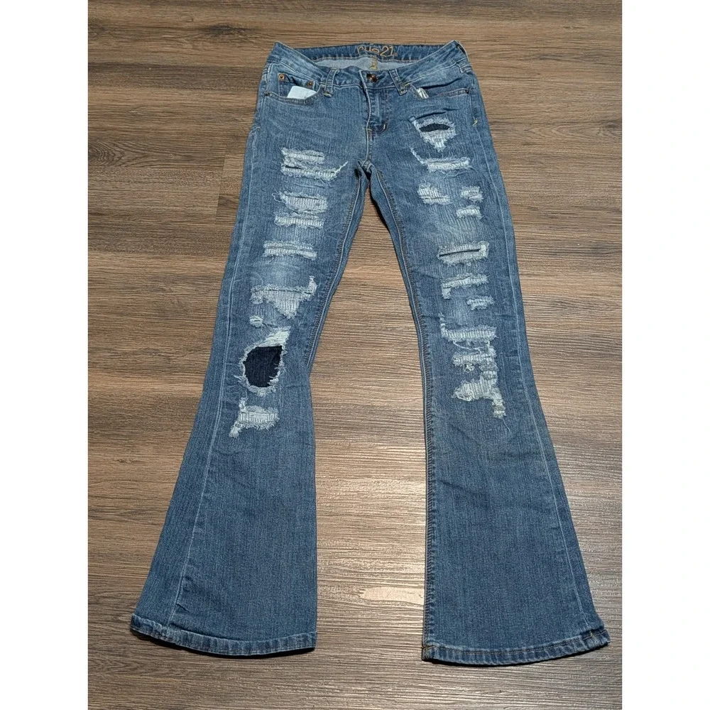 rue21 Womens Mid Rise Flare Jeans Blue Distressed Ripped Denim Size 0 RN70829